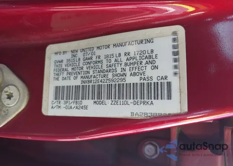 2002 Toyota Corolla Ce из США, поврежденный, VIN 1NXBR12E42Z592295